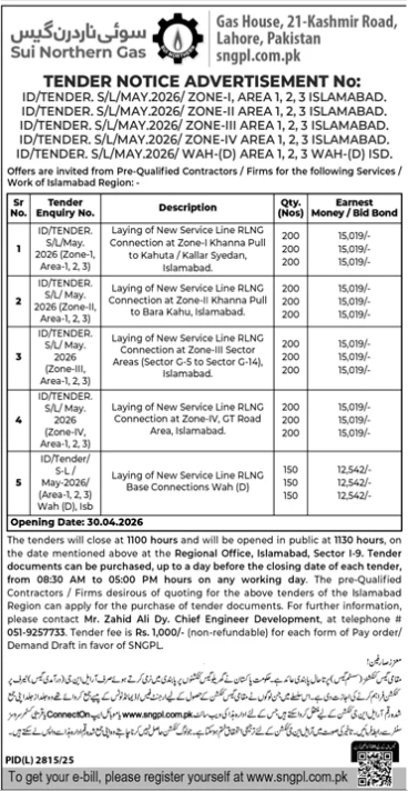 Laying of New Service Line RLNG Connections at Zone-I, II, III, IV Islamabad & Wah (D) Areas - Sui Northern Gas Pipelines Limited